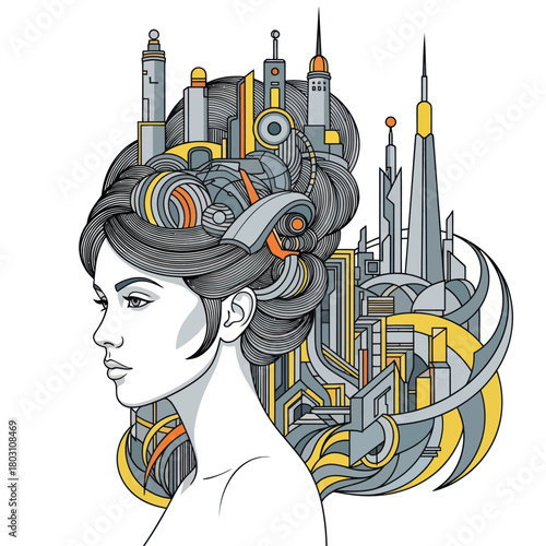 Woman with elaborate hairstyle resembling a futuristic city skyline.