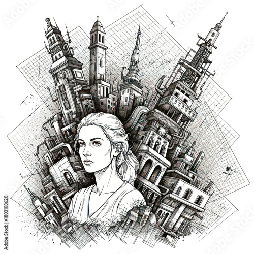 Young Woman Portrait Sketch with Architectural Elements.