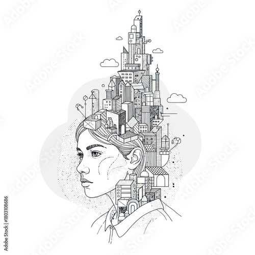 Womans Head Filled With Cityscape Buildings Illustrating Thoughts and Ideas.