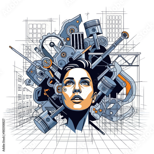 Conceptual illustration of a womans head with mechanical parts.