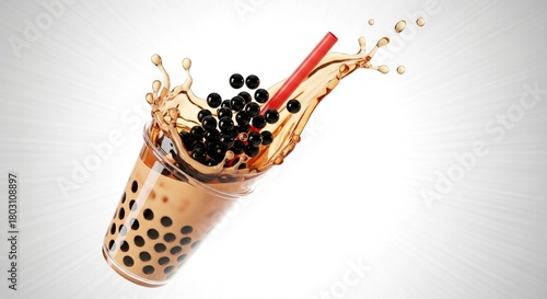 A glass filled with brown milk tea and black tapioca pearls splashes as red straw is inserted, creating dynamic refreshing beverage image.Bubble tea shop concept,copy space.