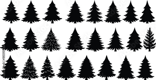 Pine tree silhouette collection, evergreen forest icons, black tree shapes, nature clipart, conifer set, vector trees, holiday design elements