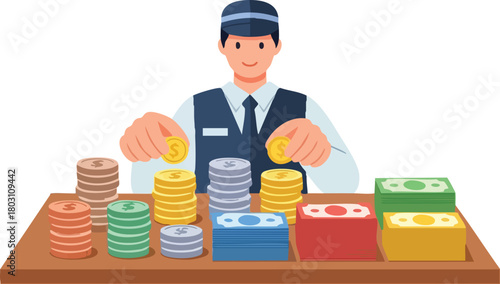 Illustration of a bank teller arranging colorful stacks of coins on a wooden counter with a plain white background.