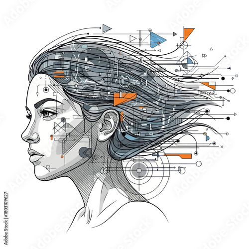 Conceptual illustration of a womans head with integrated technology circuits.