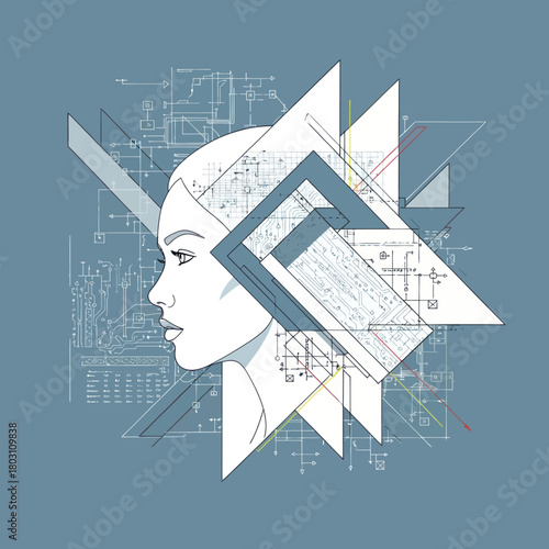 Conceptual illustration of a womans profile with geometric shapes and blueprints.