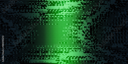 Dither Pattern Bitmap Texture Halftone Gradient Vector Wide Abstract Background. Glitch Screen With Flicker Pixels Effect Panoramic Backdrop. 8 Bit Pixel Art Retro Video Game Bright Green Decoration