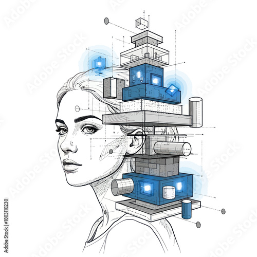 Woman and architectural structure representing technology and innovation.