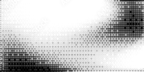 Bitmap pixelated grunge gradient texture. Black and white dither pattern wallpaper. Abstract glitchy pattern. 8 bit video game background. Wide raster backdrop. Retro pixel art Illustration. Vector