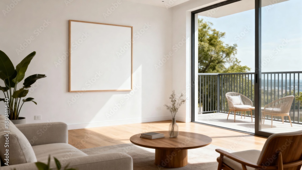 Fototapeta premium Modern minimalist living room with large glass doors opening to a balcony, featuring neutral tones, wooden furniture, and indoor plants.