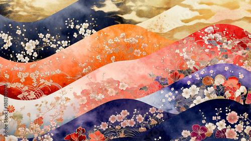 装飾性の高い抽象花柄が美しい和風水彩イラスト。金のアクセントが際立ち、背景、壁紙、和モダン、テクスチャ、テキスタイル向け素材。