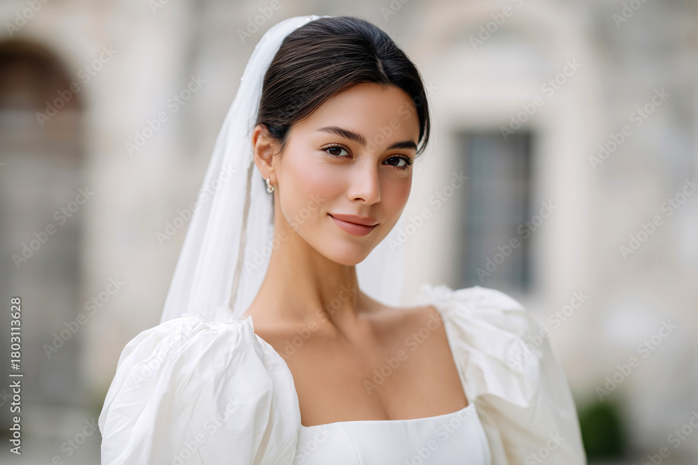 Fototapeta premium Elegant bride in a classic white wedding dress and veil posing outdoors