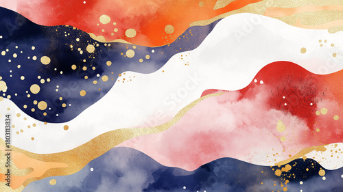 水彩で描かれた花々と金色の装飾が調和する和風デザイン素材。背景、装飾、伝統柄、テキスタイル、和紙調、抽象アートとして汎用性高。