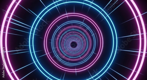 Fototapeta Naklejka Na Ścianę i Meble -  Futuristic neon tunnel with concentric circles and radiant light streaks creating a sense of depth