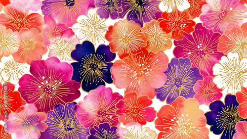 和風の美意識を感じる花柄と抽象アートが融合したイラスト背景。高級感、上品、デザイン素材、金箔、華やか、伝統模様におすすめ。