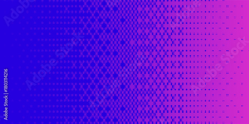 Pixelated bitmap gradient texture. Blue and pink dither pattern background. Abstract glitchy pattern. 8 bit video game screen wallpaper. Wide pixel art retro illustration. Vector backdrop