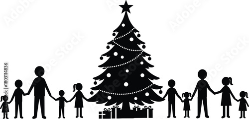 Black silhouette of a family holding hands around a decorated Christmas tree with presents