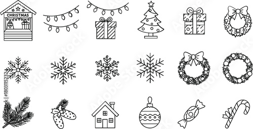 Christmas icons including market stall gift boxes tree snowflakes wreaths and candy canes