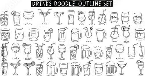Collection of hand drawn outline beverage icons in various glasses drink cocktail