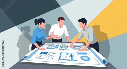 Architectural Team Collaboration Reviewing Blueprints For Future Projects