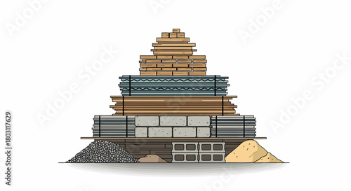 Assorted Building Materials Stacked Construction Elements Vector Illustration