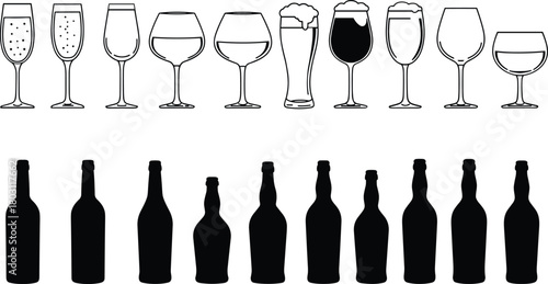 Collection of outline drink glasses and black silhouette bottles beverage wine glass