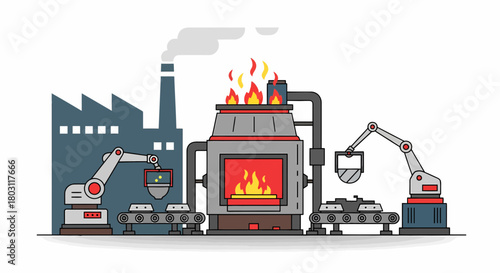 Automated Steel Manufacturing Factory With Industrial Robots And Furnace