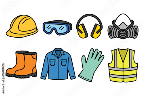 Work Safety Equipment Icons – Personal Protective Equipment Vector Set with Hard Hat, Goggles, Earmuffs, Respirator Mask, Safety Boots, Protective Jacket, Industrial Worker Protection Symbols