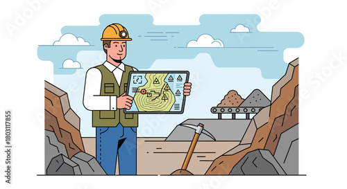 Mining Foreman Inspecting Site Survey On Digital Tablet Illustration