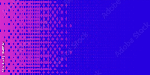 Pixelated bitmap gradient texture. Blue and pink dither pattern background. Abstract glitchy pattern. 8 bit video game screen wallpaper. Wide pixel art retro illustration. Vector backdrop