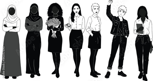 Diverse women in black and white clothing standing together diversity illustration