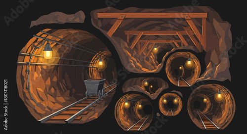 Underground Mining Tunnels With Cart And Lights Illustration Set