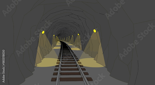 Underground Railroad Track In Mine Tunnel With Lamps Illustration