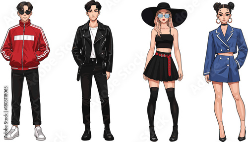 Four diverse individuals in stylish outfits standing against a white background woman