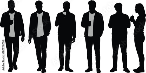 Group of diverse people silhouettes in black with light grey t shirts holding drinks