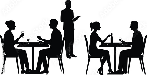 Silhouettes of people dining and a waiter taking order at tables restaurant