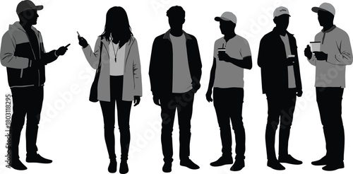 Six Silhouetted People Standing and Holding Drinks and Phones group