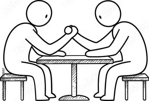 Two figures arm wrestling over a table on stools competition strength