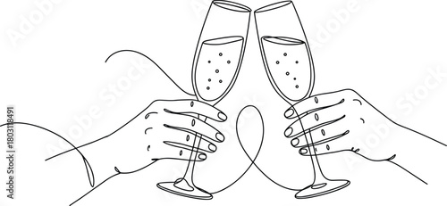 Two hands holding champagne glasses clinking together with bubbles toasting celebration