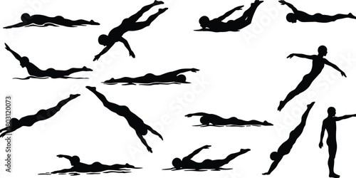 Collection of black silhouette swimmers and divers in various poses on white background