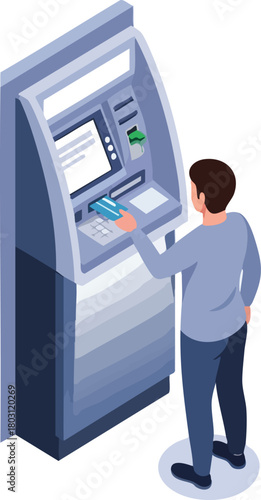 Man using a bank ATM withdrawing cash with a card on a plain white background.