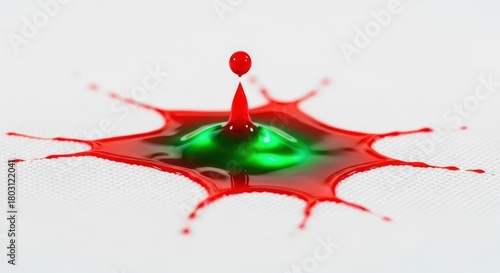 Close-up capturing a vibrant red droplet suspended above green liquid