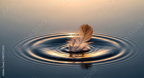 A delicate feather floats gracefully on water, creating serene ripples and reflections
