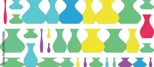 Collection of colorful ceramic vases and brushes in rows