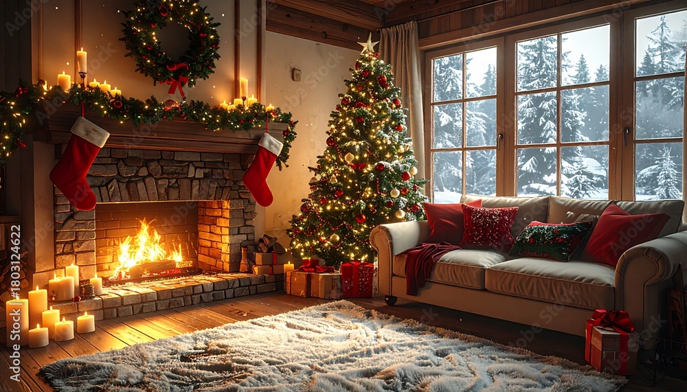 Obraz premium Cozy Christmas Living Room Fireplace, Tree, and Decorations for a Festive Holiday Ambiance