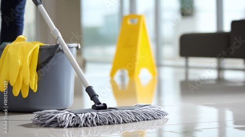 Person is cleaning a floor with a mop and bucket