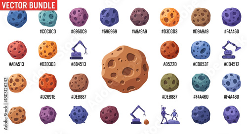 Colorful Asteroid Vector Bundle: Collection of Isolated Cartoon Space Objects and Elements