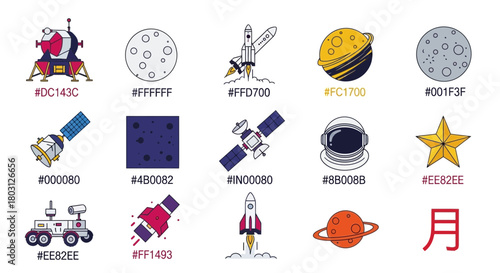 Space exploration icon set featuring planets rockets satellites and lunar module elements vector