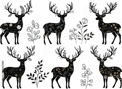 Black deer silhouettes adorned with floral patterns and branches on white background