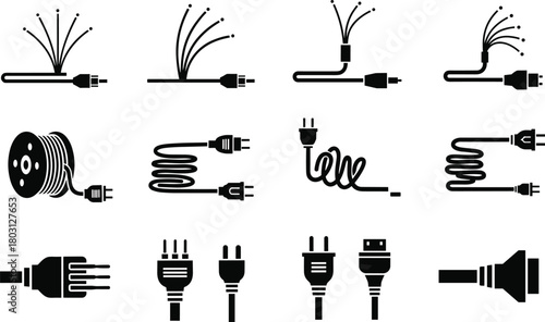 Collection of black electrical plugs and cables icons on white background power cord