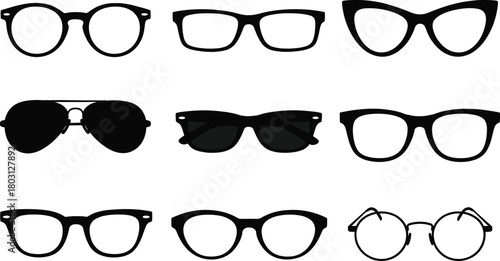 Collection of nine black silhouette eyeglasses and sunglasses on white background